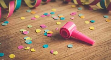 A pink party horn sits on a table surrounded by confetti photo
