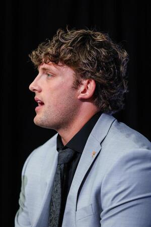 Tennessee Volunteers tight end Miles Kitselman answers media day questions during SEC Media Days at Omni Atlanta Hotel. editorial_image