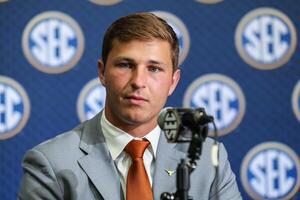 Texas Longhorns defensive back Micheal Taaffe answers questions from the media during SEC Media Days at Omni Atlanta Hotel. editorial_image