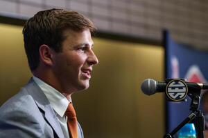 Texas Longhorns defensive back Micheal Taaffe answers questions from the media during SEC Media Days at Omni Atlanta Hotel. editorial_image