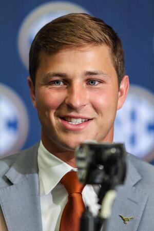 Texas Longhorns defensive back Micheal Taaffe answers questions from the media during SEC Media Days at Omni Atlanta Hotel. editorial_image