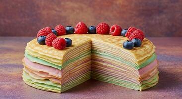 A stack of pancakes with berries and cream photo