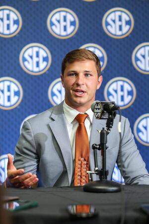 Texas Longhorns defensive back Micheal Taaffe answers questions from the media during SEC Media Days at Omni Atlanta Hotel. editorial_image