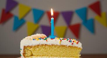 A piece of cake with a candle on it photo