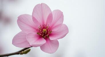 A pink flower is shown on a branch photo