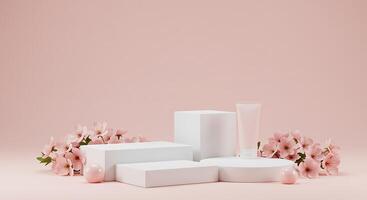 A white box with a tube of cream and flowers on a pink background photo