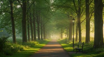 A path lined with trees and a bench in the middle photo