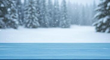 Blue table top in snowy forest background photo