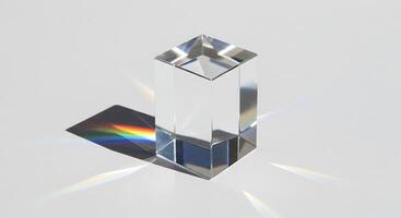 A clear glass cube with a rainbow light shining through it photo