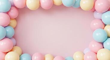 Pastel colored balloons on pink background photo