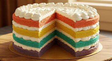 A cake with a rainbow of colors on it photo