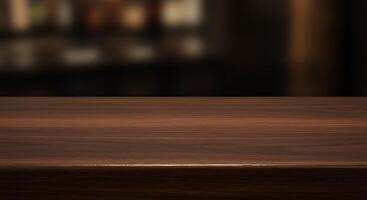 A table top with a wooden surface and a blurred background photo