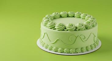 A green cake with a white frosting on top photo