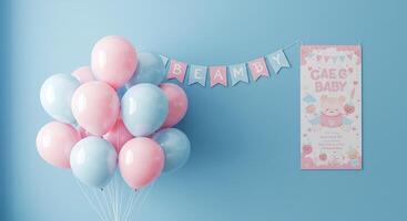 Balloons and banner for baby shower 3d rendering photo