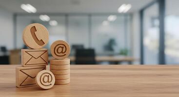 Wooden blocks with email and phone symbols on top of a wooden table photo