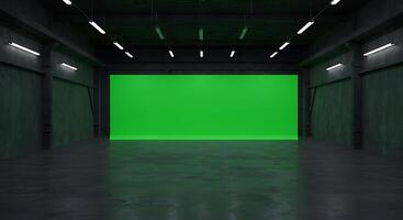 Green screen in a dark room with a large empty space photo