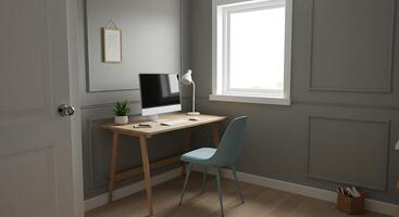 A small desk with a computer and a chair photo