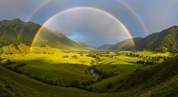 A rainbow over a valley with mountains in the background photo