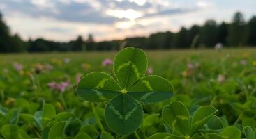 A four leaf clover in a field with a sunset in the background photo