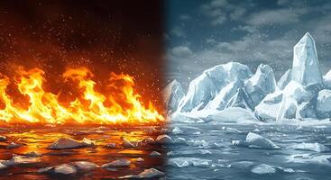 Two images of ice and fire in the same place photo