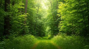 A green path through a forest with trees and grass photo
