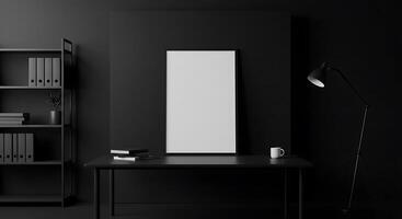 Black office with a desk and a blank white poster photo