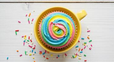 A cupcake with rainbow frosting in a yellow cup photo