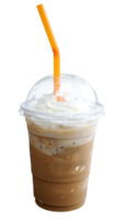 Ice latte shake coffee with whipped cream with tube in plastic glass png