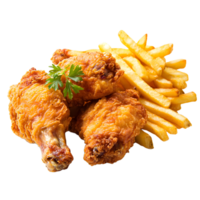 Crispy golden fried chicken pieces and french fries with parsley garnish isolated on transparent background png