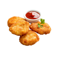 Golden brown chicken nuggets with ketchup and parsley isolated on transparent background png