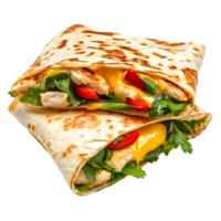 Delicious chicken and vegetable wrap with melted cheese and fresh parsley isolated on transparent background png