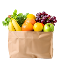 Brown paper grocery bag filled with fresh fruits and vegetables isolated on transparent background png