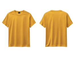 Front and back view of a plain mustard yellow short sleeve t shirt isolated on transparent background png