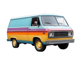 Retro colorful van with horizontal stripes and yellow wheels isolated on transparent background png