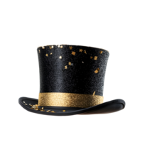 Sparkling black top hat with gold ribbon and confetti isolated on transparent background png