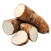 Whole and sliced yacon roots showing their white flesh and brown skin isolated on transparent background png