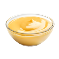 Smooth yellow custard or pudding in a clear glass bowl isolated on transparent background png
