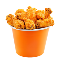 Crispy golden fried chicken pieces overflowing from an orange bucket isolated on transparent background png
