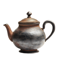A rustic antique metal teapot with a worn textured surface isolated on transparent background png