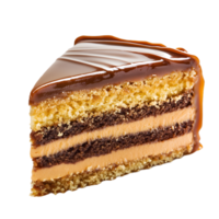 Delicious slice of layered chocolate and caramel cake with glossy topping isolated on transparent background png