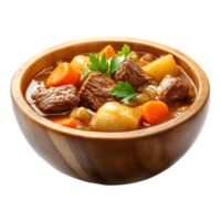 Hearty beef stew with carrots and potatoes in a wooden bowl isolated on transparent background png