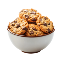 Delicious chocolate chip cookies piled high in a white bowl isolated on transparent background png