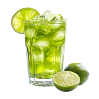 Refreshing green lime soda drink with ice cubes and fresh lime slices isolated on transparent background png