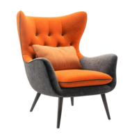 Modern orange and grey wingback armchair with a textured fabric and accent pillow isolated on transparent background png