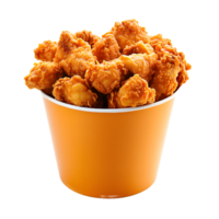 Crispy golden brown fried chicken pieces overflowing from an orange bucket isolated on transparent background png
