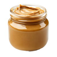 Close up of creamy peanut butter in a glass jar isolated on transparent background png