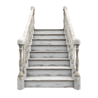 Weathered white wooden staircase with ornate balusters and railing isolated on transparent background png