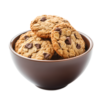 Delicious chocolate chip oatmeal cookies piled high in a brown bowl isolated on transparent background png