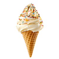 Creamy vanilla soft serve ice cream cone with colorful sprinkles isolated on transparent background png