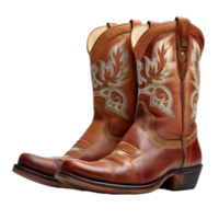 Classic brown leather cowboy boots with intricate white stitching and detailing isolated on transparent background png